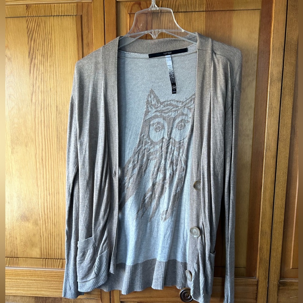 Kensie Button Down Lt Brown Owl On Back Sweater Cardigan Size XS